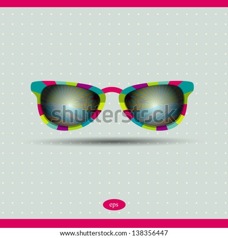 Retro sunglasses with tropical island reflection. Summer background illustration.