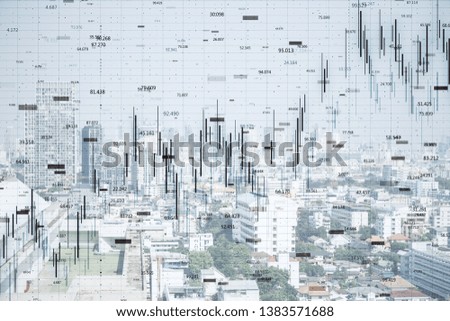 FInance and trade concept. Creative white city backdrop with forex chart. Double exposure 