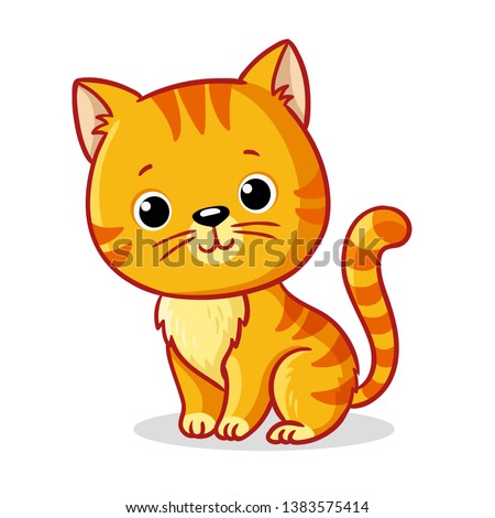 Ginger kitten sitting on a white background. Cute animal in cartoon style. Vector illustration.