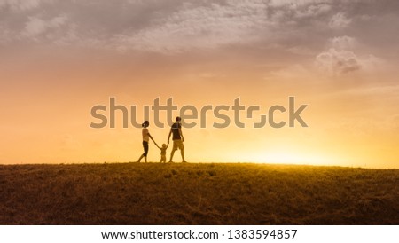 happy family of three holding hands walking together in a grass field at sunset