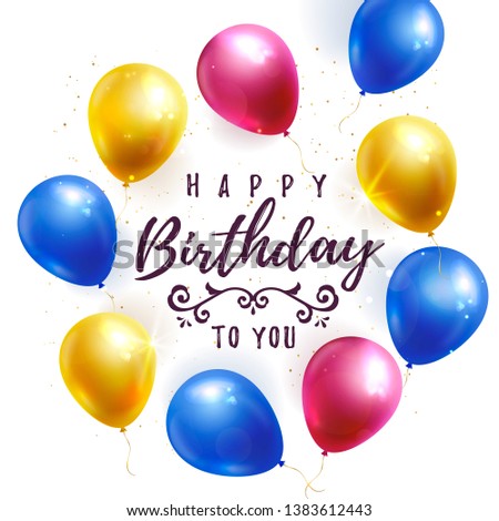 Happy Birthday greeting banner with colorful balloons on white background. Vector illustration.