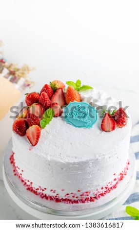 Happy birthday cake with fresh strawberry homemade cake,Food concept Happy birthday background.