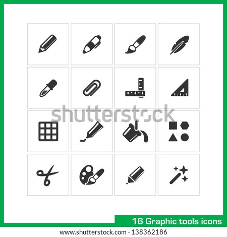 Graphic tools icon set. Vector black pictograms for web, computer and mobile apps, internet, interface design: pencil, pen, brush, feather, paper clip, rulers, triangle, grid, palette, marker symbol