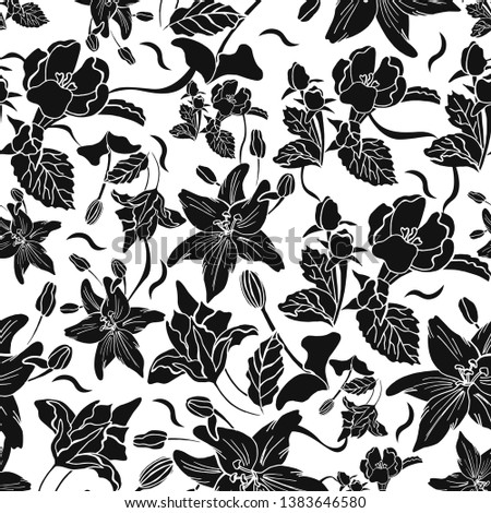 Hand drawn vector seamless pattern with flowers and leaves and buds. Vector file