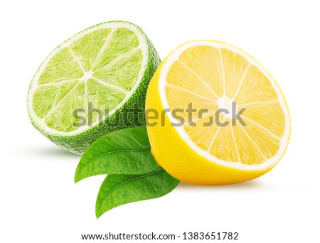 Fresh lime, lemon cut in half, with leaf isolated on white background. Clipping Path. Full depth of field. Royalty-Free Stock Photo #1383651782