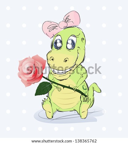 Cute Baby Dinosaur: The illustration of the Cute Baby Dinosaur Holding Flower