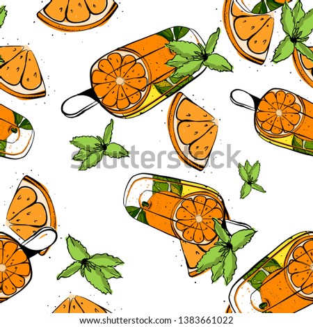 Summer seamless pattern with summer day elements clip art set on the background - ice cream, fruits, orange,swimsuit. Fabric print, card template, isolated. Vector illustration.