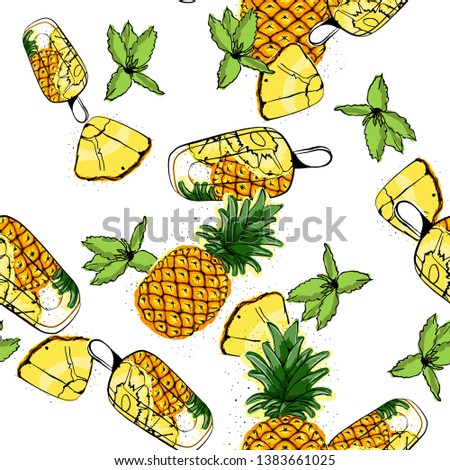 Summer seamless pattern with summer day elements clip art set on the background - ice cream, pineapple, fruits swimsuit. Fabric print, card template, isolated. Vector illustration.