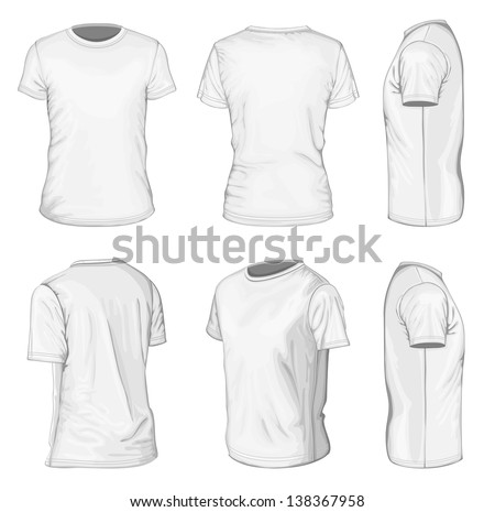 All views men's white short sleeve t-shirt design templates (front, back, half-turned and side views). Vector illustration. No mesh. 