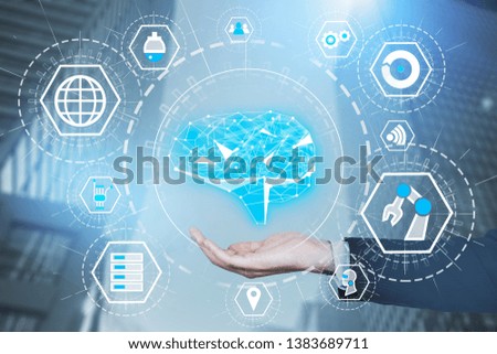 Hand of man in suit holding artificial intelligence digital interface over blurred city background. Concept of smart city and hi tech. Double exposure