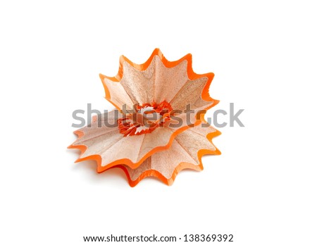 Closeup of pencil shaving isolated on white background