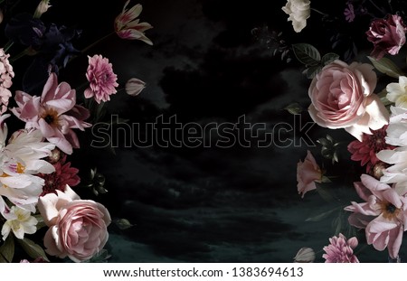 Vintage floral poster. Beautiful garden flowers. Peonies, roses, tulips, lily, hydrangea on black background.