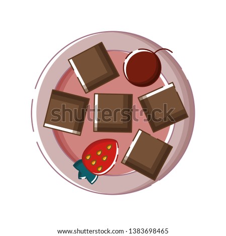Cute isolated pink plate with chocolate pieces, cherry and strawberry on it. White background. Flat linear style illustration. Vector.