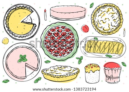 Colourful set of types of cakes on white background