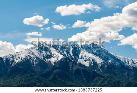 Bisalta, Alps. Photo taken from Cuneo, Italy. Nice outline of the two peaks. The sky is clear, with some white clouds. Green pines in the foreground. Royalty-Free Stock Photo #1383737225