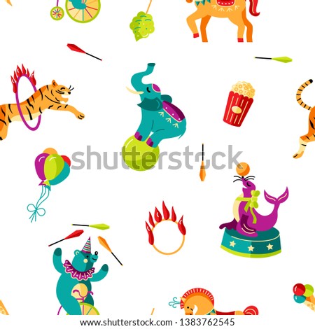 Seamless pattern with animals and celebratory objects. Circus concept. Flat style vector illustration.