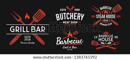 BBQ and Steakhouse logo set. Vintage barbecue emblems. Restaurant labels, emblems, logo. Vector logo template Royalty-Free Stock Photo #1383765392