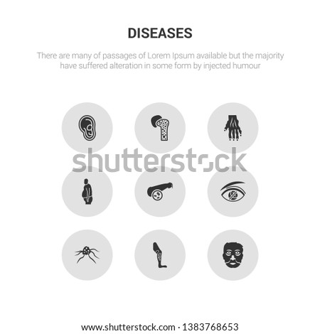 9 round vector icons such as morquio syndrome, multiple myeloma, multiple sclerosis, mumps, muscular dystrophy contains myasthenia gravis, myelitis, myoclonus, myopia. morquio syndrome, multiple