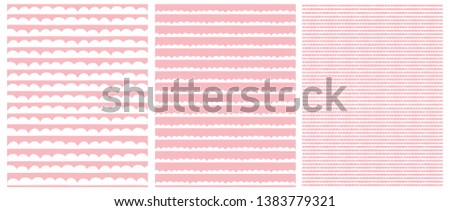 Set of 3 Geometric Seamless Irregular Vector Patterns with Hand Drawn Abstract Waves Design. Funny Pink and White Infantile Waves Illustration. Cute Pastel Colors Nursery Art. Pink Background.