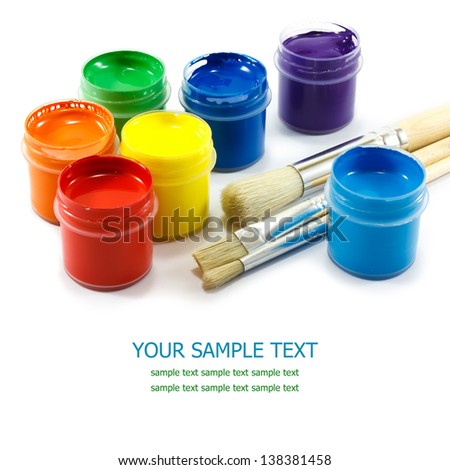 Colorful paints and artist brushes Royalty-Free Stock Photo #138381458