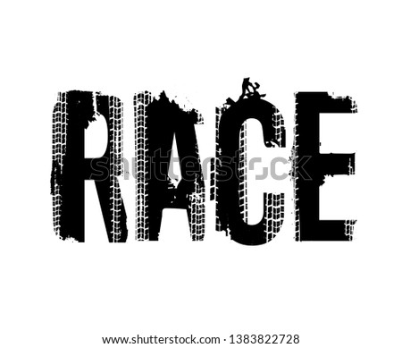 Race. Off-Road hand drawn grunge moto sport lettering. Tire tracks words from unique letters. Beautiful vector illustration. Editable graphic element in black color isolated on white background