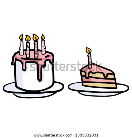 Cute birthday cake with candles and slice cartoon vector illustration motif set. Hand drawn for girls party. Pastel celebration graphics. Baking web buttons.