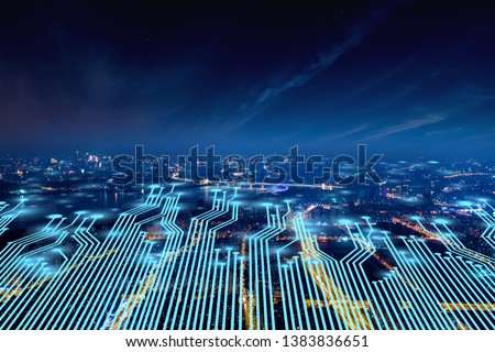 Modern city with wireless network connection concept Royalty-Free Stock Photo #1383836651