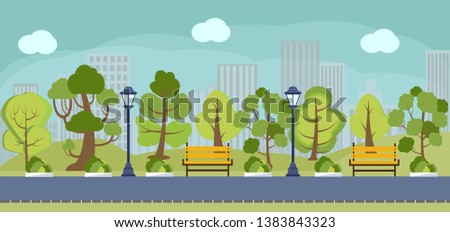 Cartoon spring or summer park panorama. Green city parks road street with trees outdoor walkway bench. Panoramic landscape June, July colorful vector background