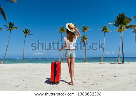 A traveler with a red suitcase and a straw hat walks the island with palm trees and the ocean    