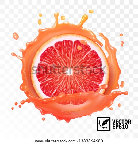 3d realistic vector sliced grapefruit in a transparent splash of juice with drops, editable handmade mesh Royalty-Free Stock Photo #1383864680