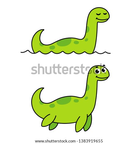 Nessie, Loch Ness monster, cute cartoon drawing. Funny green swimming dinosaur (plesiosaur). Isolated vector illustration. Royalty-Free Stock Photo #1383919655