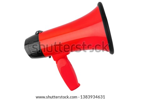 Red megaphone on white background isolated close up, hand loudspeaker design, red loudhailer or speaking trumpet illustration, announcement or agitation symbol, media or communication icon, alert sign Royalty-Free Stock Photo #1383934631