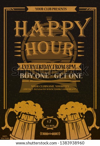 Happy Hours flyer, banner or template design with beer mug icons and geometric shapes on grunge background. 