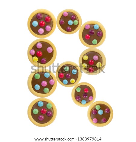colorful cookies glaze, letter R, alphabet, white background isolated