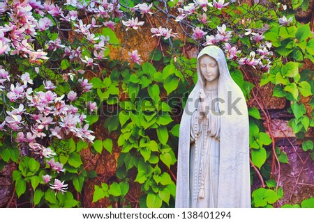 Statue of Virgin Mary, With magnolia flowers in the background. Picture taken in St Leonard Roman Catholic Church, Boston, USA
