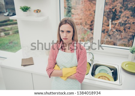 Close up photo beautiful she her lady not fear expression cleaner bright kitchen dirty plates sink cleanup preparation dislike house duties bad mood wear casual jeans denim shirt apron flat indoors Royalty-Free Stock Photo #1384018934
