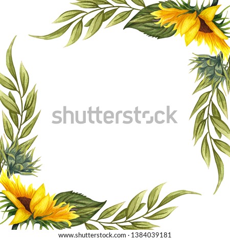 Watercolor floral wreath with sunflowers,leaves, foliage, branches, fern leaves and place for your text. Perfect for wedding, invitations, greeting cards, print. Angled autumn’s sunflowers frame.