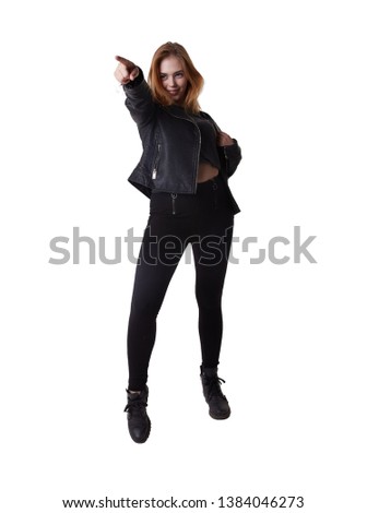 isolated on white background image of a young girl in jeans and leather jacket