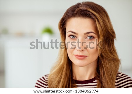 Close up photo beautiful amazing she her lady pretty hairdo imaginary inspiration flight calm peaceful look kindhearted easy-going wear striped pullover clothes house living room indoors