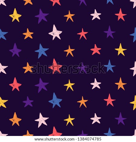 Cute Seamless pattern with space elements. Cartoon style wallpaper with colourful cosmic stars. Children's background with hand-drawn constellation. Vector.