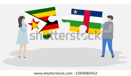 Couple holding two puzzles pieces with Zimbabwean and Central African flags. Zimbabwe and Central African Republic national symbols together.