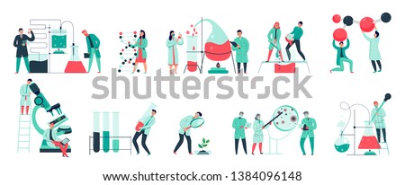 Colorful icons set with biochemical science laboratory staff performing various experiments flat isolated vector illustration Royalty-Free Stock Photo #1384096148