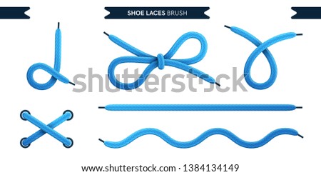 Shoe laces brush set isolated on a white background. Blue color. Realistic lace knots and bows. Modern simple design. Flat style vector illustration.