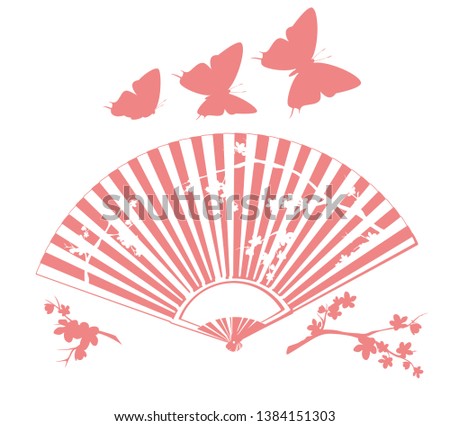 hand fan with cherry blossom decor and flying butterflies silhouettes - monochrome spring season vector design set
