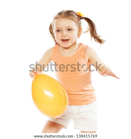 Surprised little girl with a orange balloon on white background