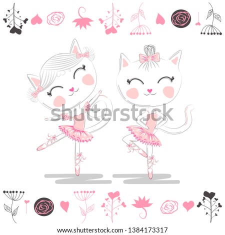 Love ballet. A pair of cute white ballerina cats in pink ballet tutu and pointe