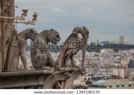 Famous Notre Dame gargoyle overlooking the Paris cityscape