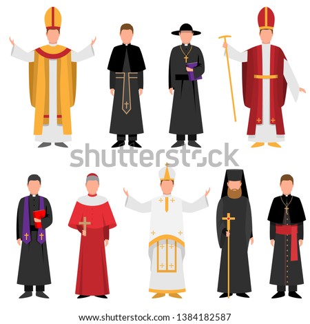 Set of priest of catholic or christian religion in different clothes Royalty-Free Stock Photo #1384182587
