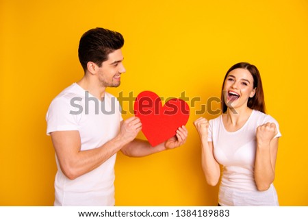 Close up side profile photo beautiful she her he him his guy lady scream shout yell positive answer fiance bride hands arms heart figure postcard wear casual white t-shirts isolated yellow background