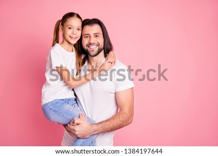 Close up photo beautiful she her little lady he him his daddy hold little princess hands arms affection sweet relax look eyes wear casual white t-shirts denim jeans isolated pink bright background